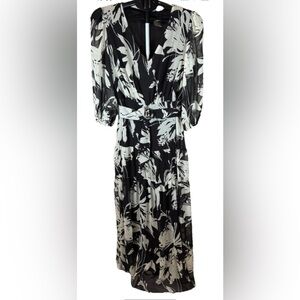 Taylor 3/4 Sleeve Black Floral W/Pop of Purple Belted Chiffon Maxi Dress Size 8